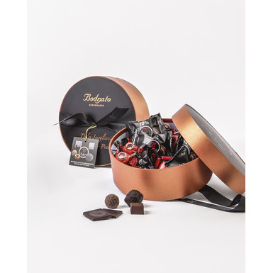 Конфеты шоколадные Ассорти пралине ручной работы в круглой бронзовой подарочной коробке (боэри, кремини, бодратини,наполитаинс) 350 гр.Bodrato