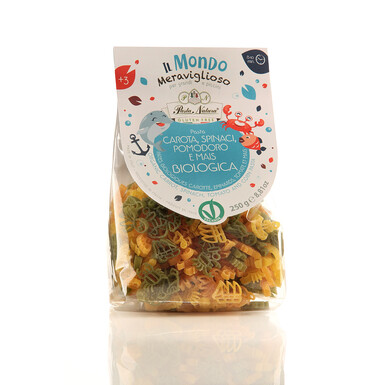Детская органическая паста триколор из кукурузы с томатами, морковкой и шпинатом Подводный Мир Pasta Natura 250г